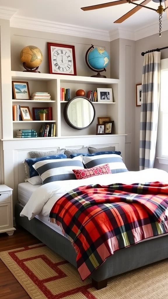 A cozy teen bedroom featuring a plaid blanket on the bed and stylish bookshelves filled with books.