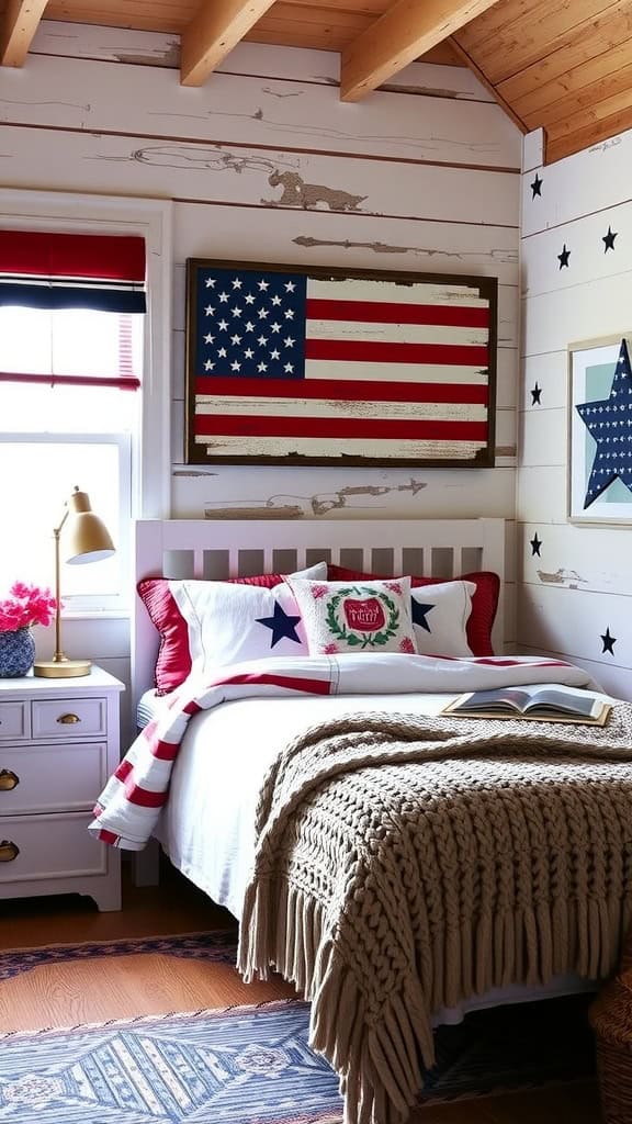 A cozy teenager bedroom with an American flag artwork, layered blankets, and colorful pillows.