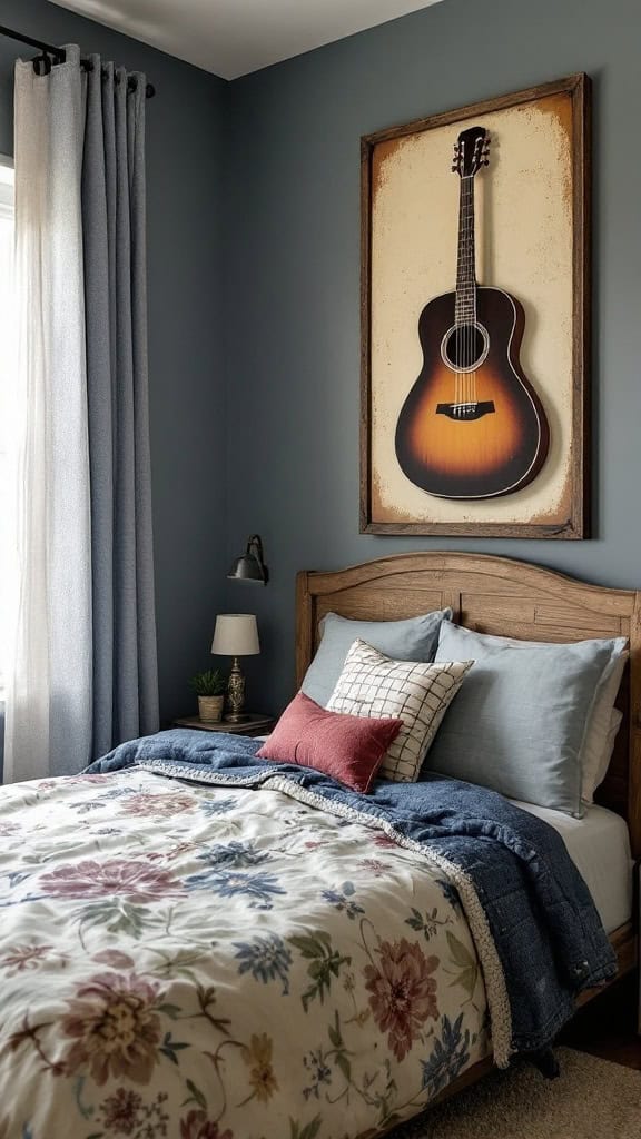 A cozy bedroom featuring a wooden bed, blue bedding, a guitar on the wall, and a warm, inviting atmosphere.