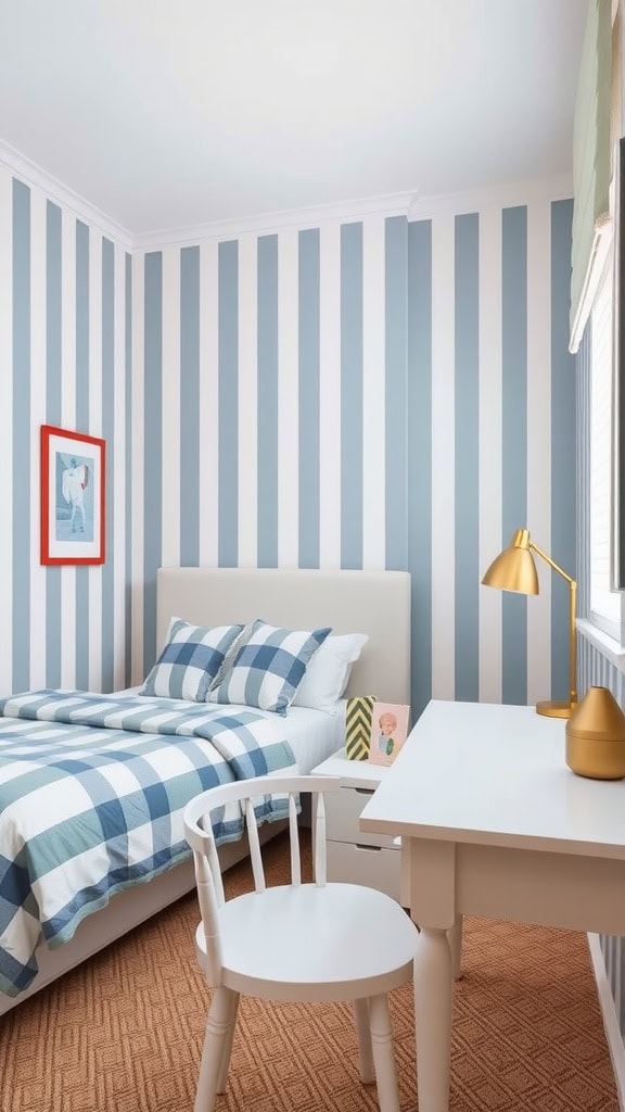 A preppy teen bedroom featuring blue and white striped walls, a cozy bed with checkered bedding, and a stylish workspace.