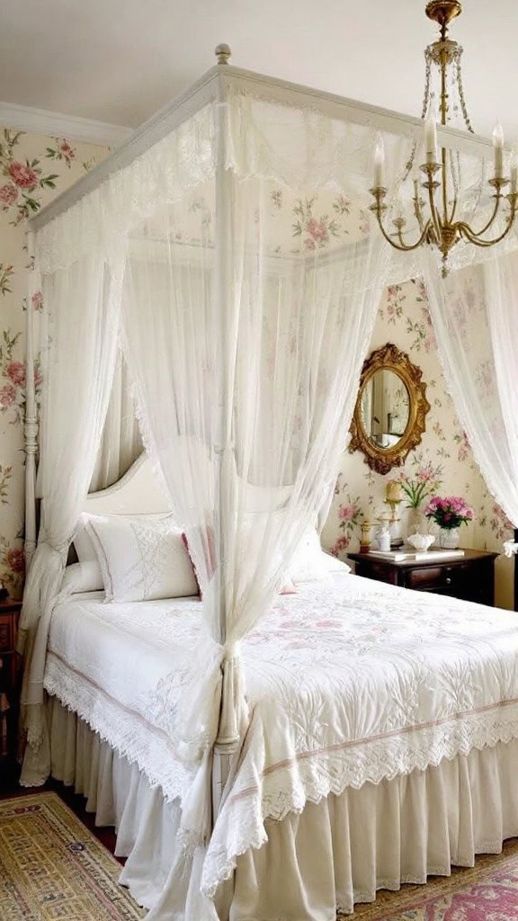 A cozy cottagecore bedroom featuring a canopied bed with floral wallpaper and soft bedding.