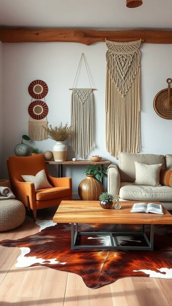 A cozy boho western living room featuring a cowhide rug, macramé wall hangings, and earthy decor.