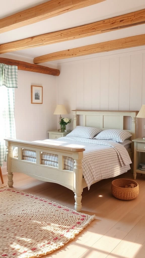 Cozy farmhouse bedroom with wooden bed, soft rug, and natural light.