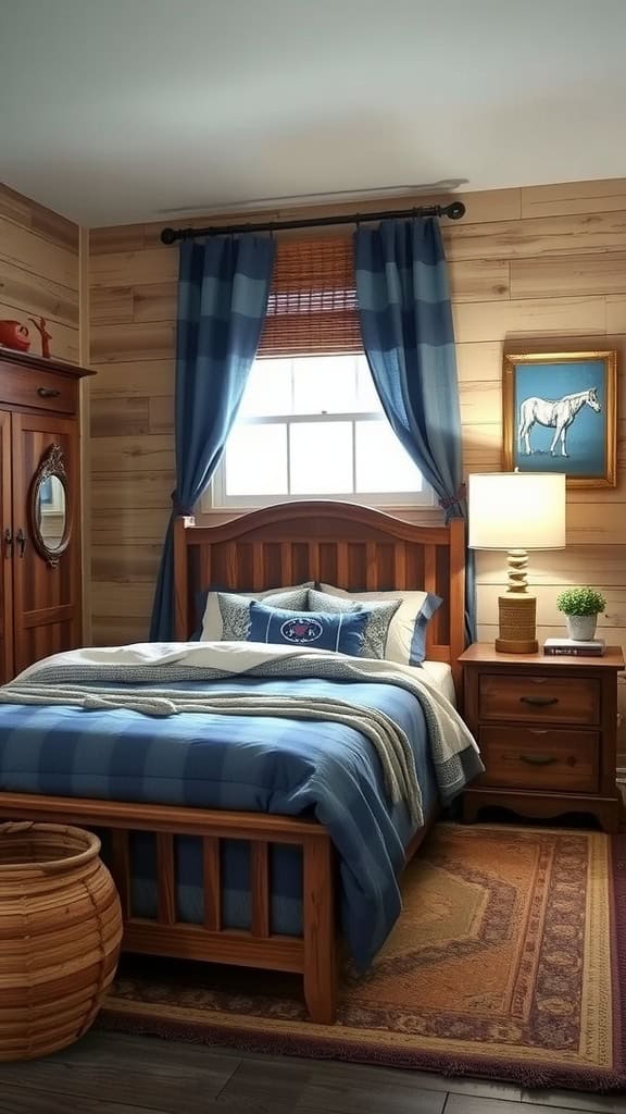 A cozy country-themed teenager's bedroom featuring denim bedding and rustic decor