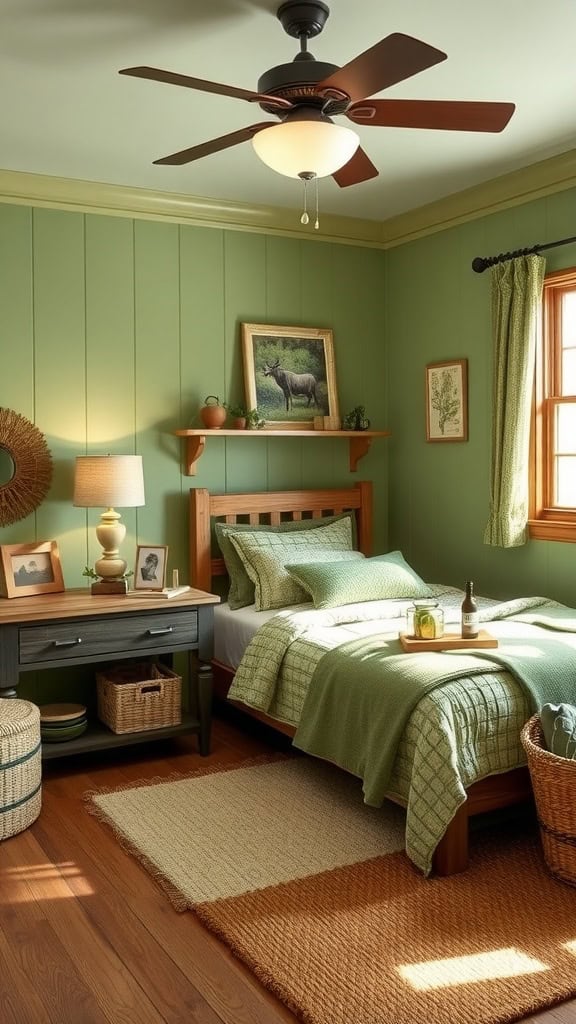 A cozy country teenager's bedroom featuring deep green walls, comfortable bedding, and natural light.