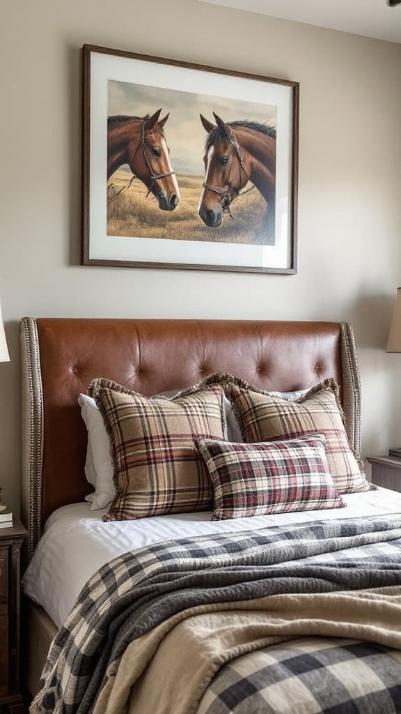 A cozy bedroom featuring a horse painting, decorative pillows, and a saddle on the bed.