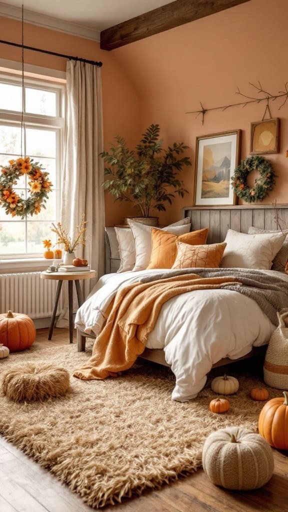A cozy and warm country-style teenager bedroom with an inviting bed and soft textures.