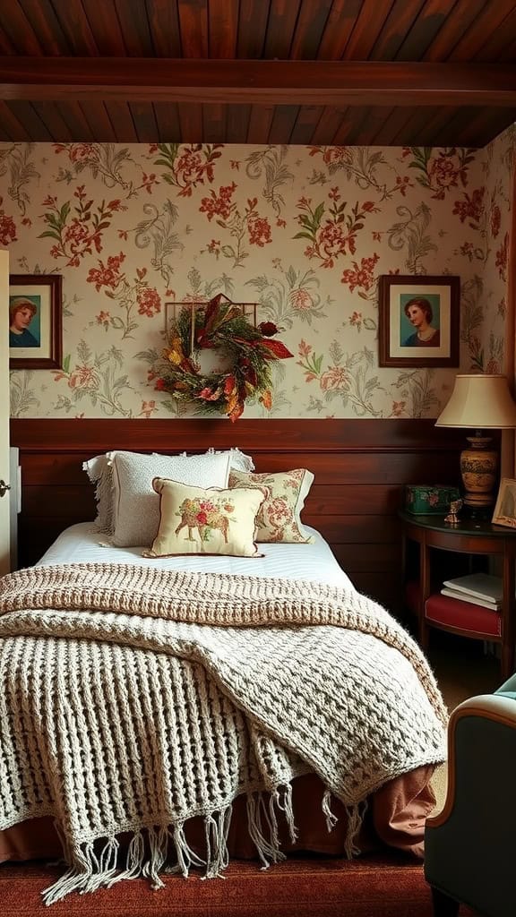 A cozy country bedroom featuring a wooden bed, a red patterned blanket, and vintage wall art.