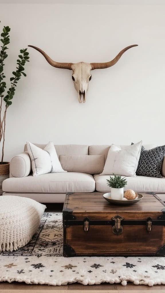 A cozy boho western living room featuring earth tones, natural textures, and unique decor elements.