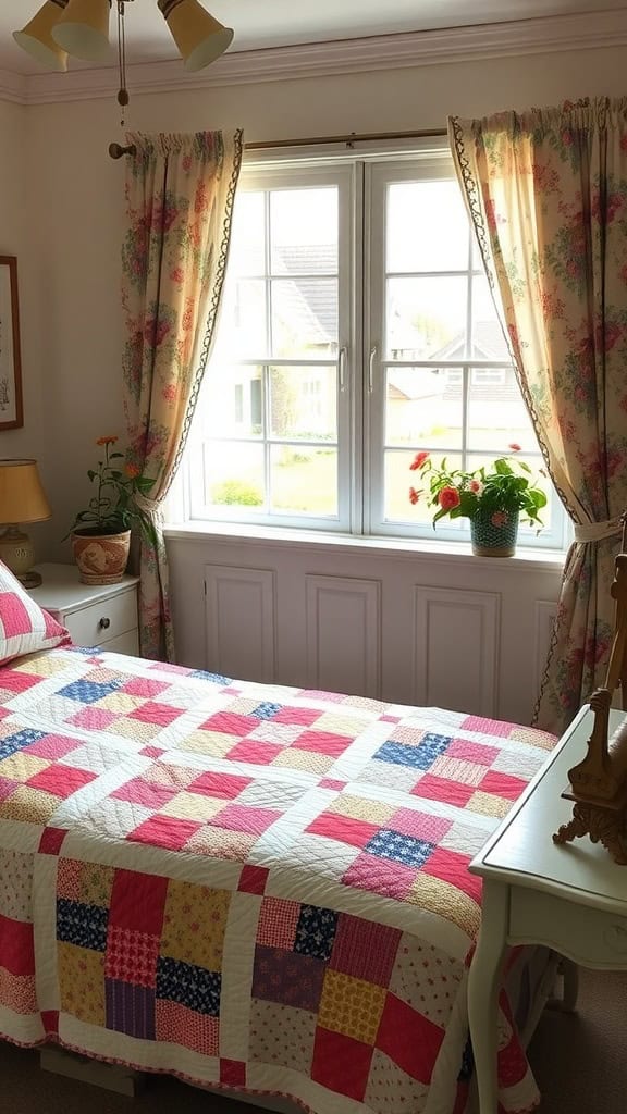 A cozy bedroom featuring a colorful patchwork quilt on the bed, floral curtains, and a bright window.