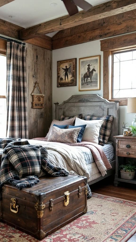 A rustic teenager bedroom with wood paneling, plaid bedding, and vintage decor.