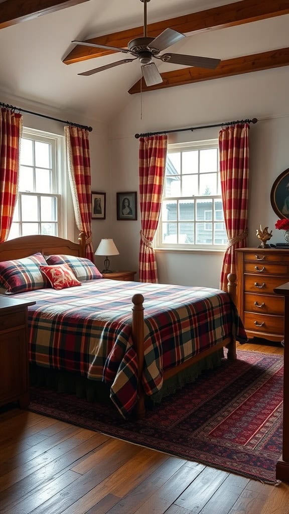 A cozy teenager's bedroom featuring plaid bedding and curtains, with wooden furniture and a warm ambiance.