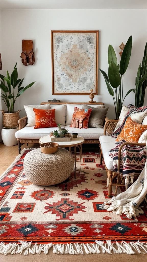 A cozy living room featuring boho western decor elements like a rustic wooden table, patterned rug, and saddle wall hangings.