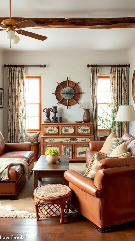 A cozy western-inspired living room featuring leather sofas and rustic decor.