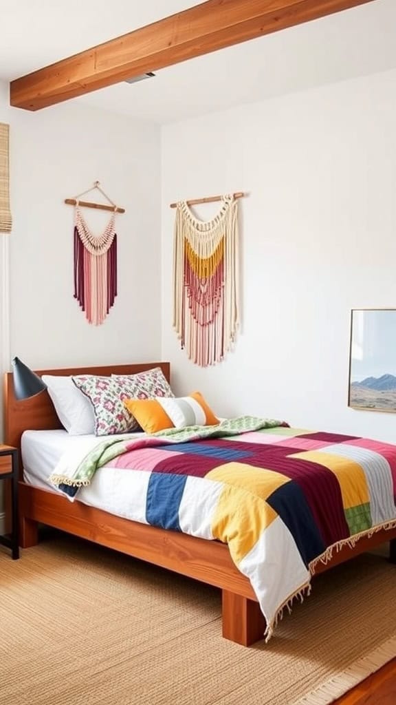A rustic boho styled teenager's bedroom featuring a wooden bed with a colorful patchwork quilt and macramé wall art.