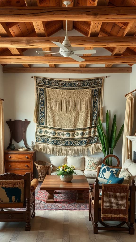 A cozy boho western living room with wooden beams, a woven wall hanging, and rustic furniture.