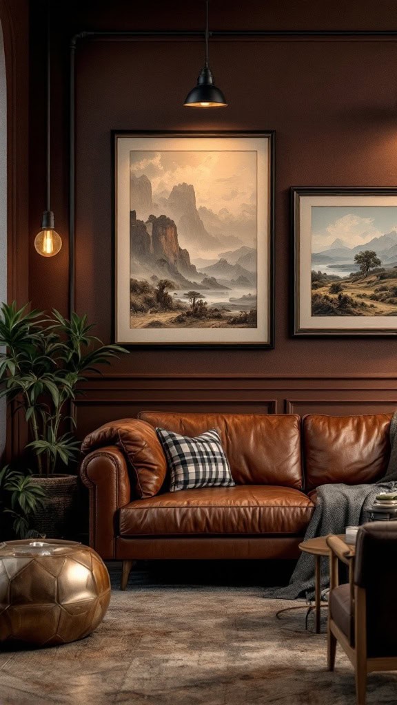 Cozy dark brown living room with a leather couch and warm decor