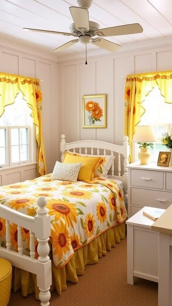 A bright and cheerful bedroom with sunflower-themed bedding and decor.