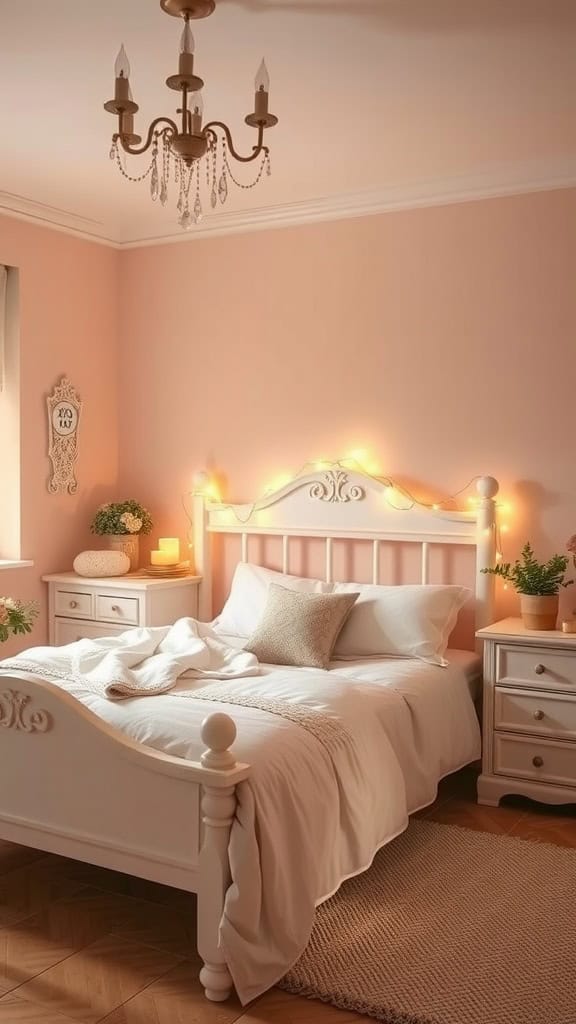 A cozy country-style teenager bedroom with a white bed, warm lighting, and soft decor.