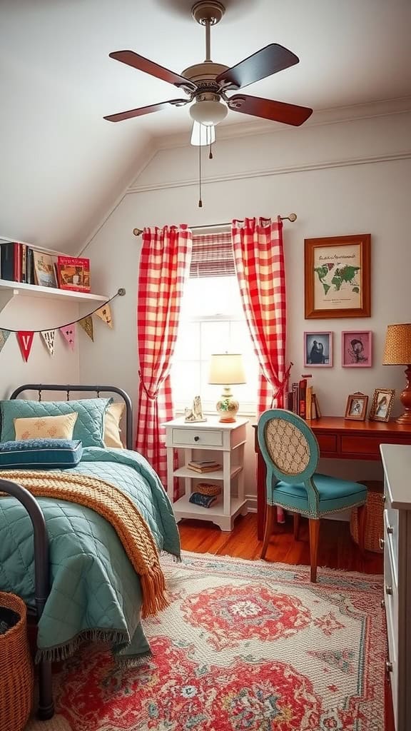 A cozy teenager's bedroom featuring a cream color scheme, a bed with white linens, a rocking chair, and woven decor.