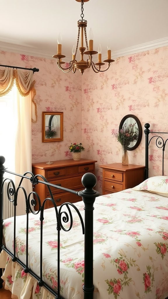 A cozy vintage country chic bedroom featuring floral patterns and wooden furniture.