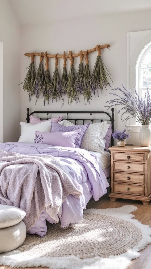 A cozy bedroom featuring a bed with light bedding, vintage decor, and lavender accents.