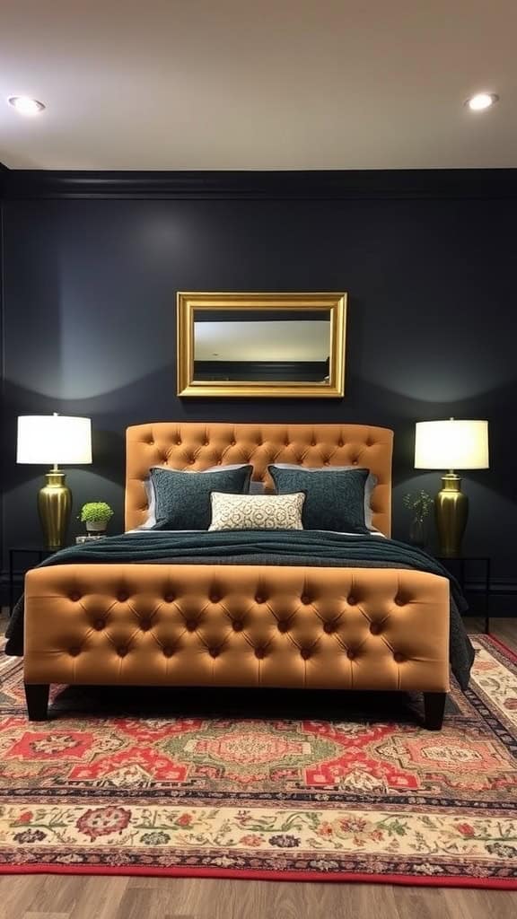 A warm and inviting basement bedroom featuring a tufted orange bed, soft lighting, and a patterned rug.