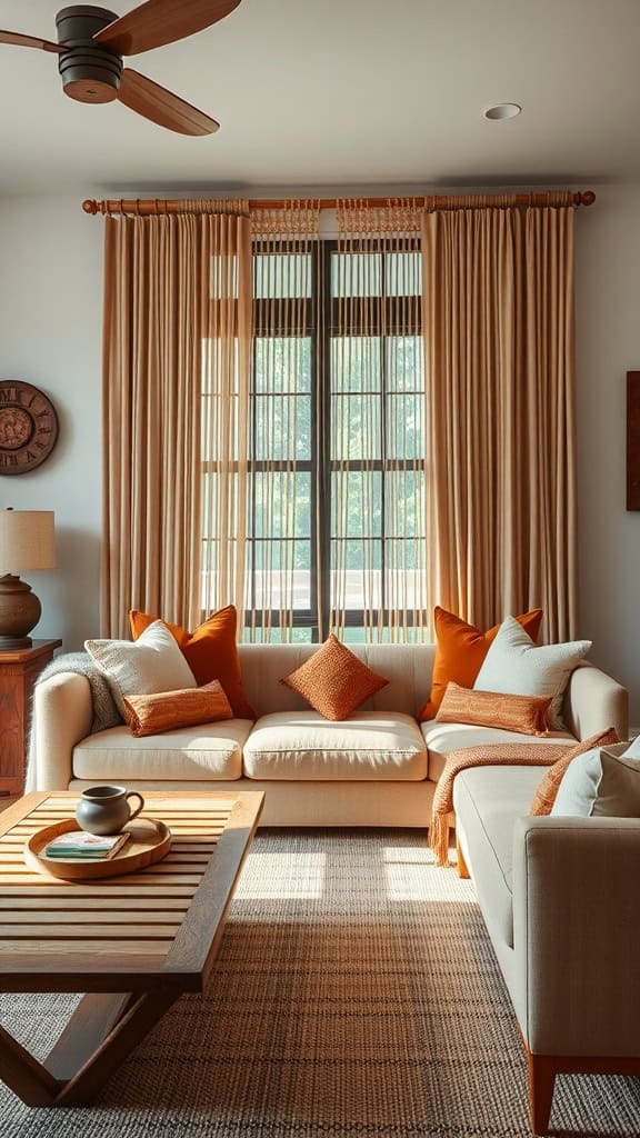 A cozy living room featuring warm neutral tones with hints of orange, showcasing a comfortable sofa and wooden coffee table.