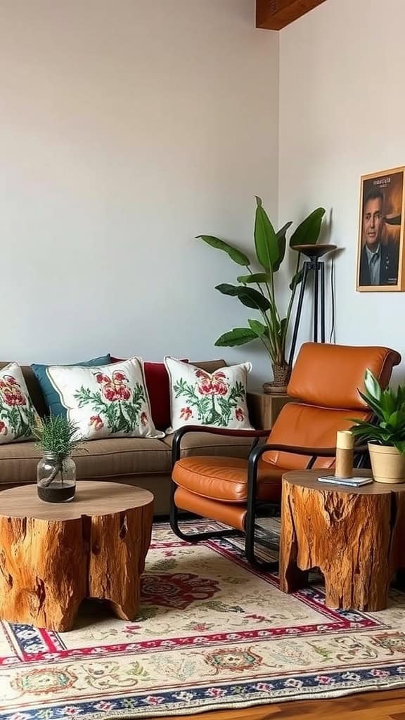 A cozy living room featuring a brown couch with floral pillows, wooden coffee tables, a plant, and warm lighting.