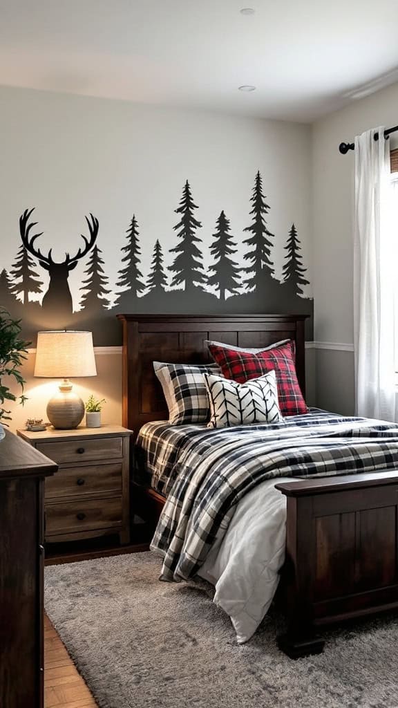 Cozy woodland-themed teenager bedroom with rustic decor