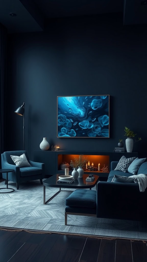 A dark blue living room featuring a cozy sofa, coffee table, and an aquarium-themed artwork on the wall.