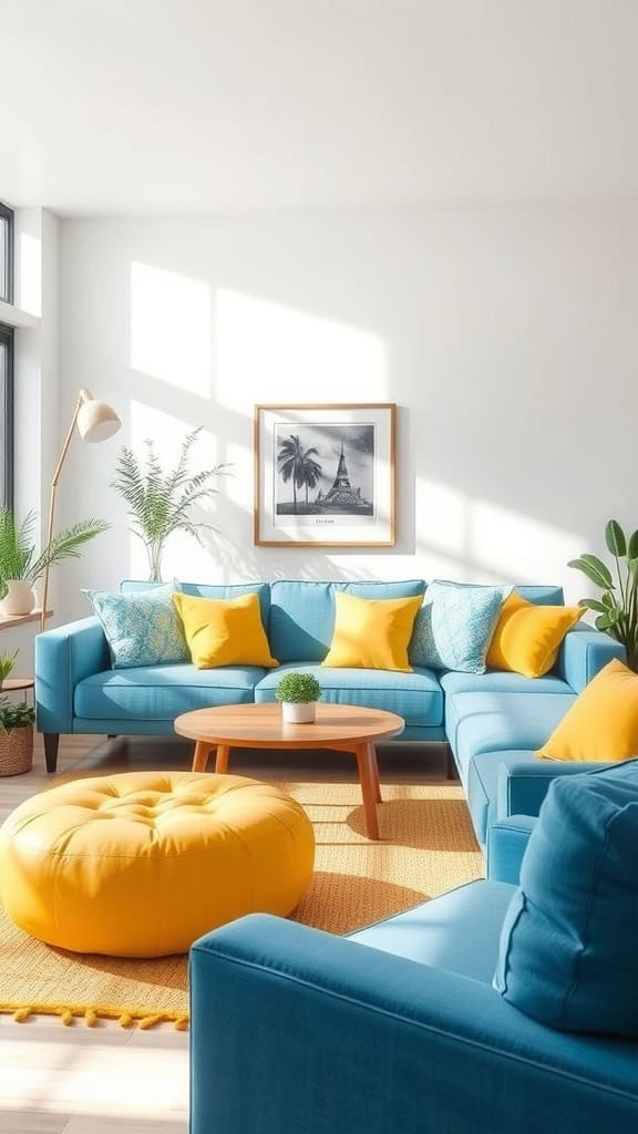 A bright living room featuring a blue couch with yellow pillows, a round coffee table, and a cozy ambiance.