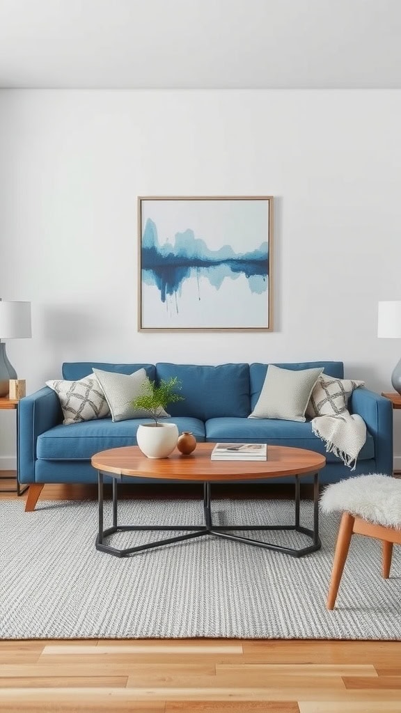 Casual living room featuring a blue couch, coffee table, and decorative elements.