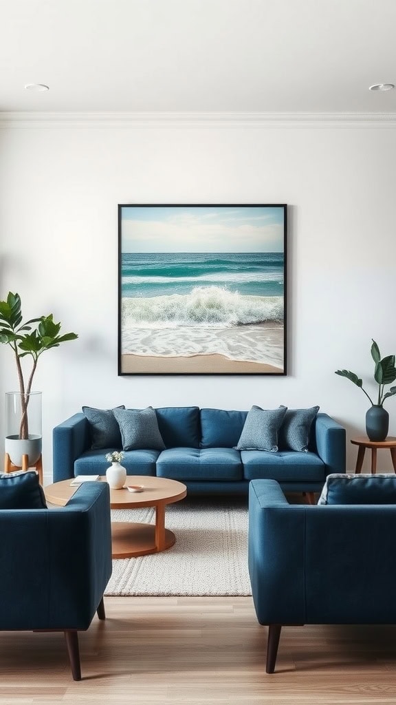 A stylish living room featuring a blue couch, light curtains, and a modern coffee table.