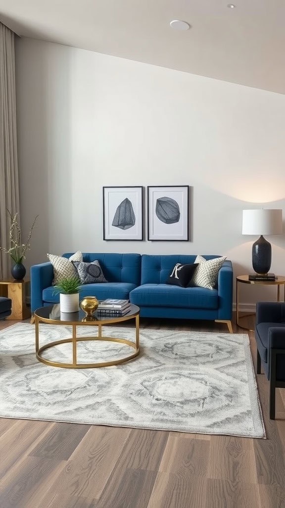 Contemporary living room featuring a blue couch, decorative pillows, a round coffee table, and elegant artwork.