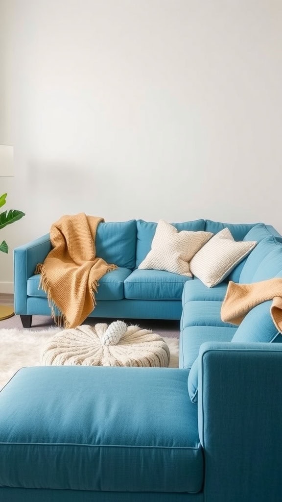 A cozy living room featuring a blue couch, soft throw blankets, and a round coffee table.