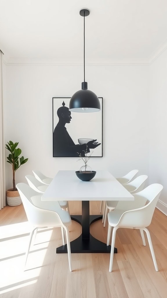 Minimalist dining room featuring a white table and chairs with a black pendant light.