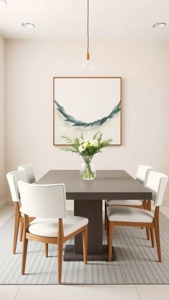 Minimalist dining room with a simple table and chairs, featuring a few decorative vases.