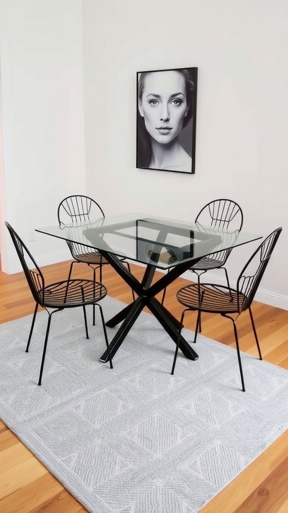 Minimalist dining room with a glass table and black chairs on a textured rug.