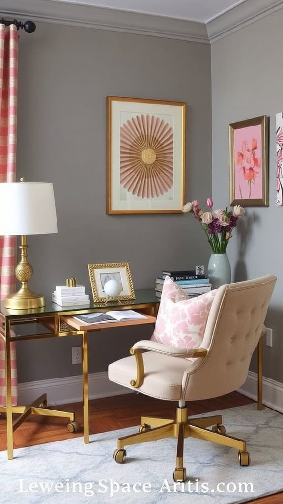 A stylish feminine home office featuring a gold desk, comfy chair, and decorative accents.