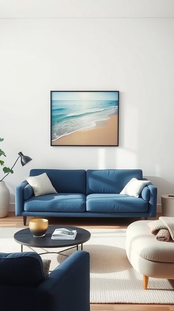 A minimal living room with a blue couch and simple decor.