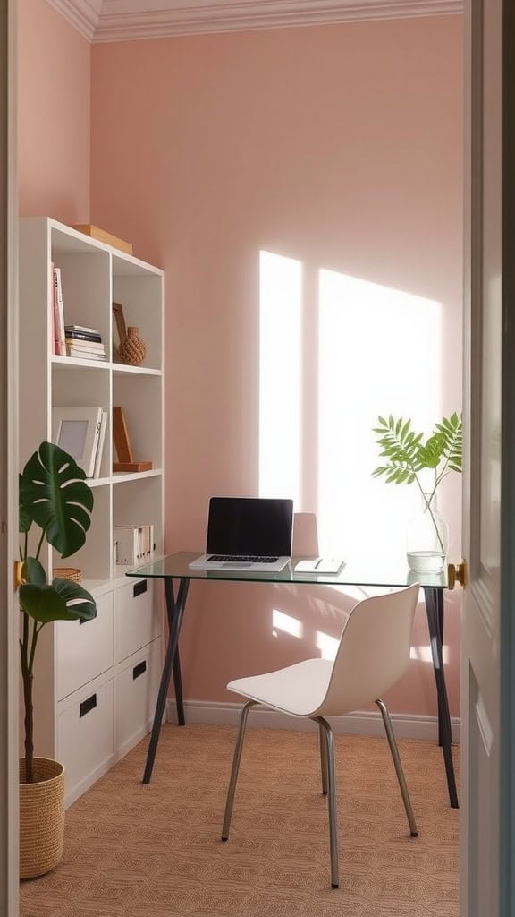 A minimalist home office corner featuring a glass desk, white chair, and blush pink walls with decorative elements.