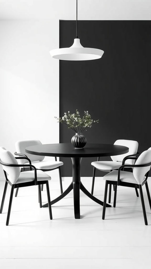 A minimalist dining room featuring a black round table, white chairs, and a pendant light.