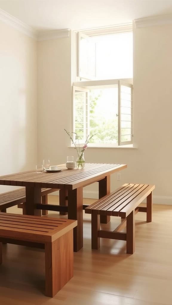 Minimalist dining room with wooden table and benches, featuring natural light.
