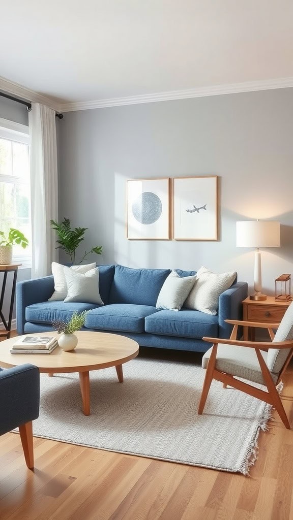 Living room featuring a blue couch, neutral-toned walls, and wooden furniture.