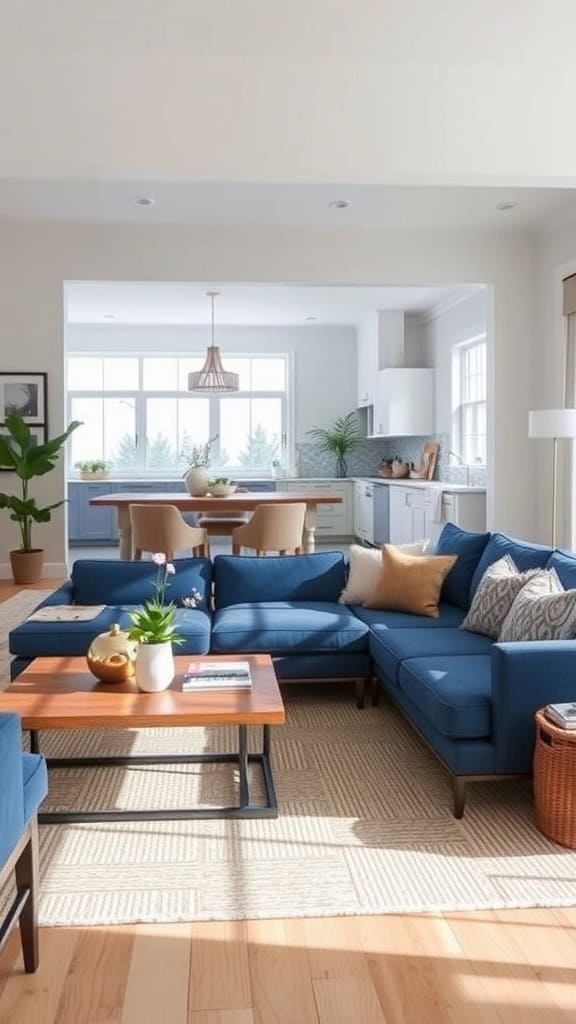 Open-concept living room featuring a stylish blue couch with wooden beams and decor.