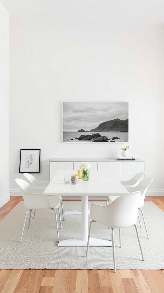 Minimalist dining room with a white table and chairs against a light wall