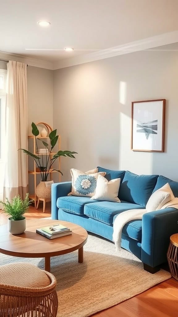 A relaxed living room featuring a blue couch with pillows, a coffee table, and plants.