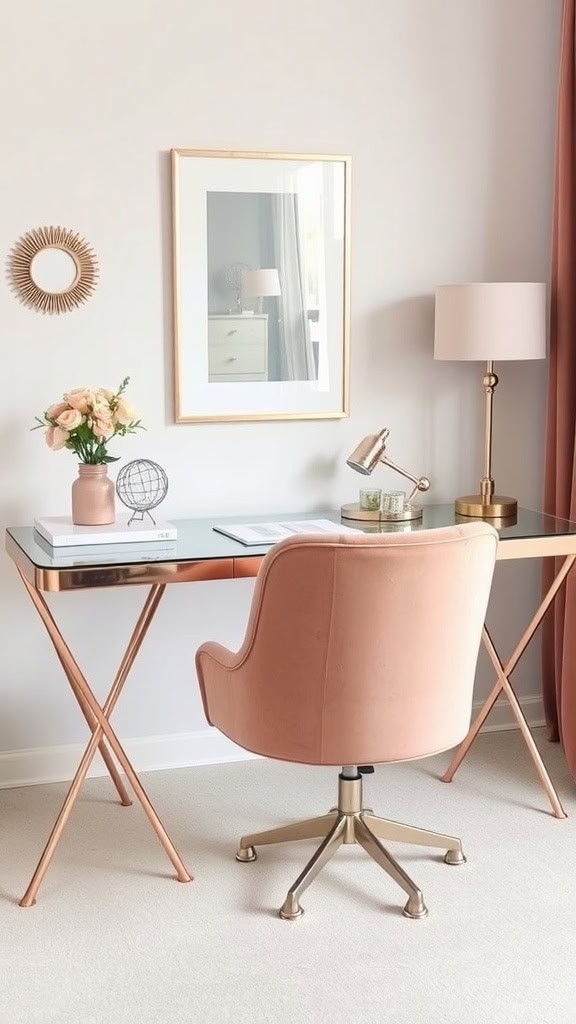 A feminine home office featuring a rose gold desk, pink chair, and decorative elements.