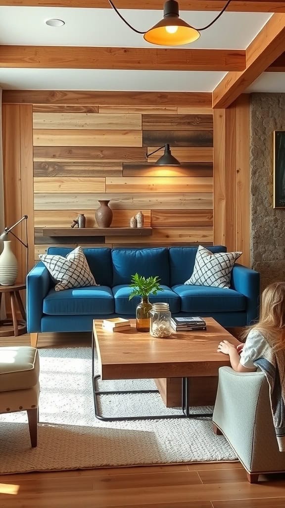 A cozy living room featuring a blue couch, wooden coffee table, and plants.